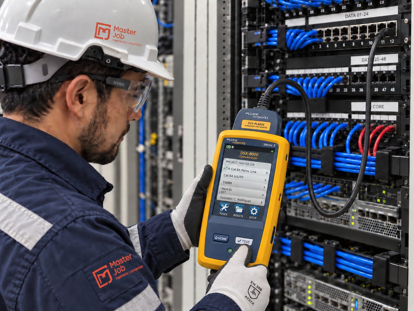Técnico de Master Job con casco, lentes y guantes certificando enlaces Cat 6A con un certificador Fluke Networks DSX-8000 en un rack de datos.