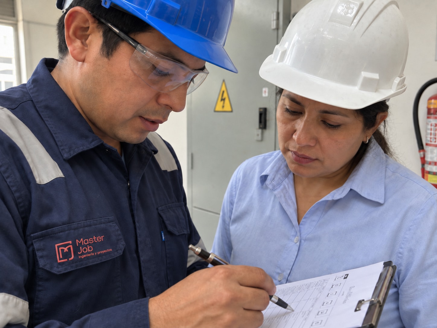 Técnico de Master Job revisando con la responsable del local la lista de observaciones, junto al tablero eléctrico y el extintor.