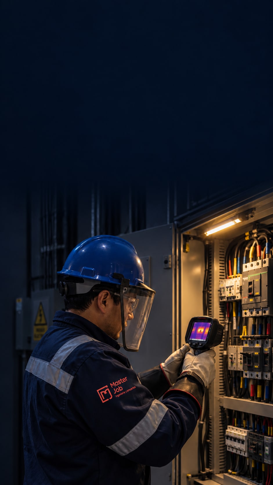 Técnico de Master Job Perú con casco, careta y guantes dieléctricos inspeccionando un tablero eléctrico con cámara termográfica.
