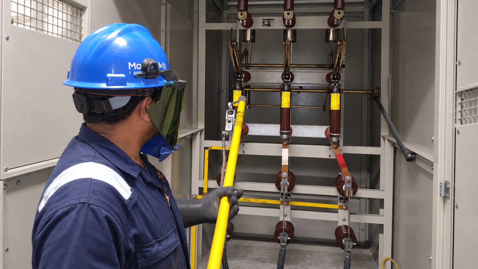 Técnico de Master Job con careta de arco, casco y guantes dieléctricos operando con pértiga frente a un seccionador con fusibles en una celda de media tensión.